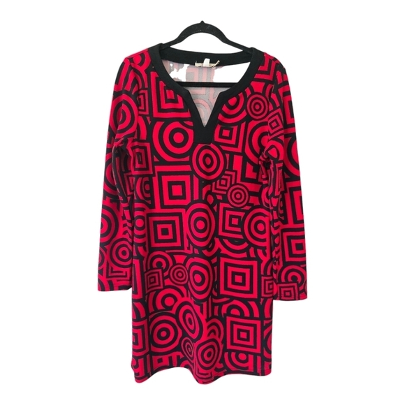 Aryeh Dresses & Skirts - Aryeh Dress Womens Sz L Geo Print Red Black Stretch Knit Dark Romantic Exellent